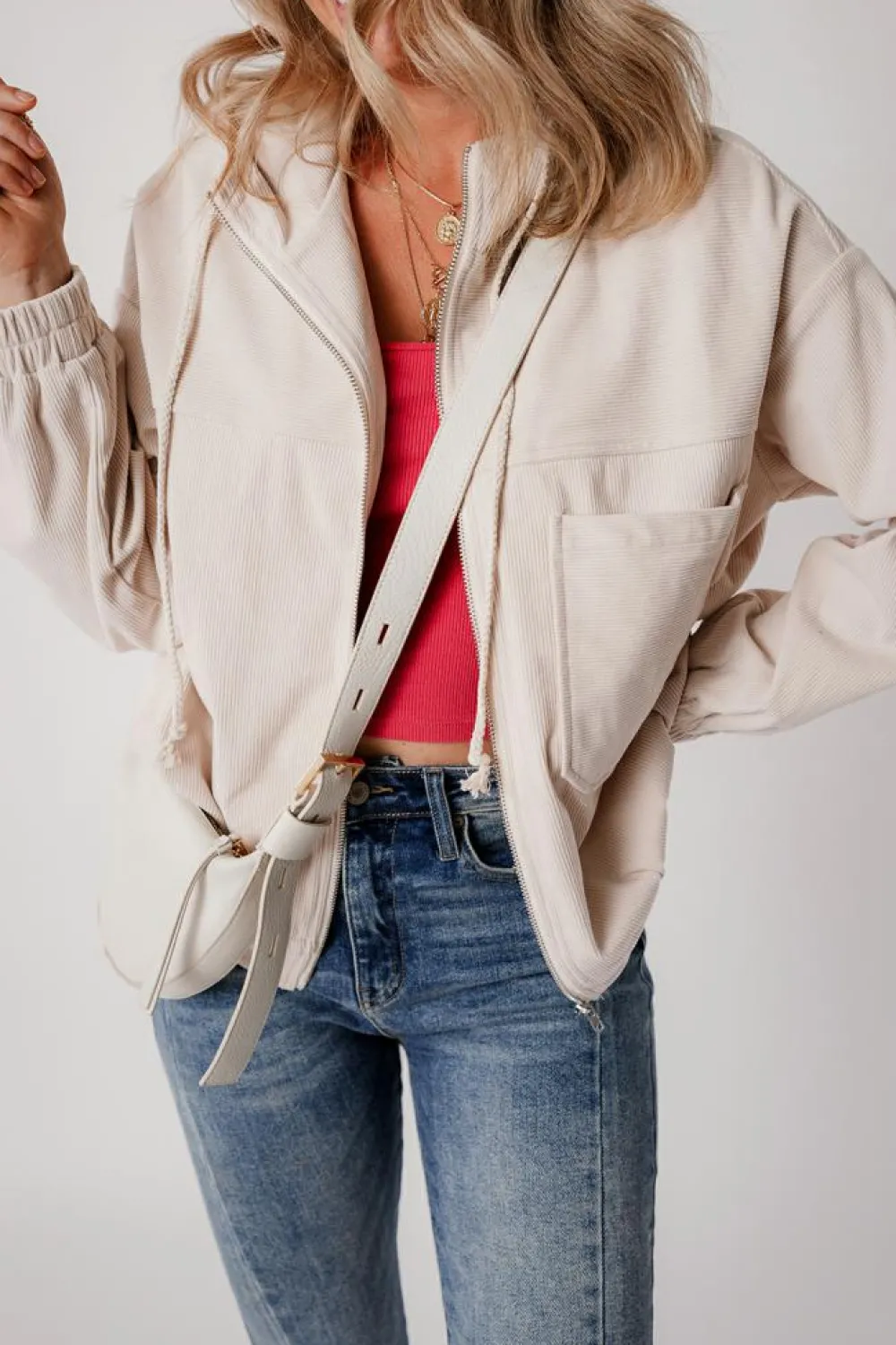 Hot Dear-Lover Corduroy Drawstring Hooded Pocket Zip Up Jacket White