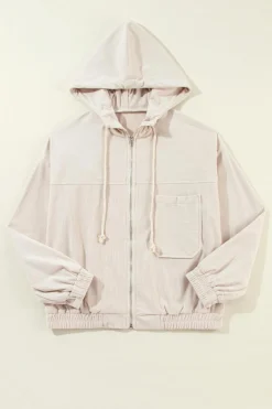 Hot Dear-Lover Corduroy Drawstring Hooded Pocket Zip Up Jacket White
