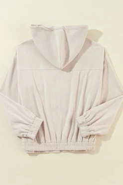 Hot Dear-Lover Corduroy Drawstring Hooded Pocket Zip Up Jacket White