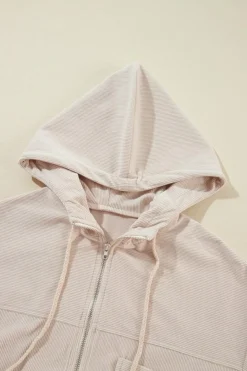 Hot Dear-Lover Corduroy Drawstring Hooded Pocket Zip Up Jacket White