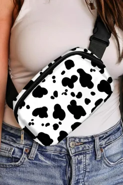 New Dear-Lover Cow Pattern Print Buckle Wide Belt Inclined Shoulder Bag White
