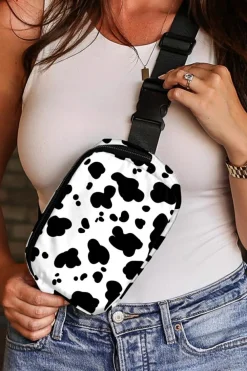 New Dear-Lover Cow Pattern Print Buckle Wide Belt Inclined Shoulder Bag White
