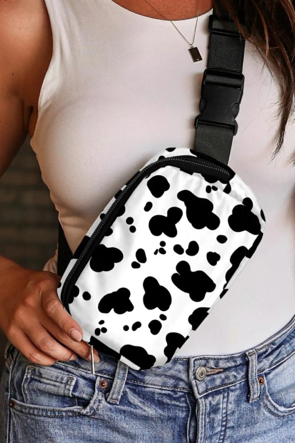 New Dear-Lover Cow Pattern Print Buckle Wide Belt Inclined Shoulder Bag White