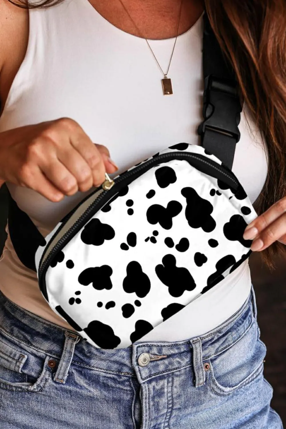 New Dear-Lover Cow Pattern Print Buckle Wide Belt Inclined Shoulder Bag White