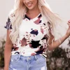 Outlet Dear-Lover Cow Pattern Print Short Sleeve V Neck T Shirt White
