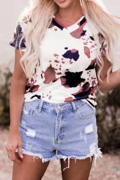 Outlet Dear-Lover Cow Pattern Print Short Sleeve V Neck T Shirt White