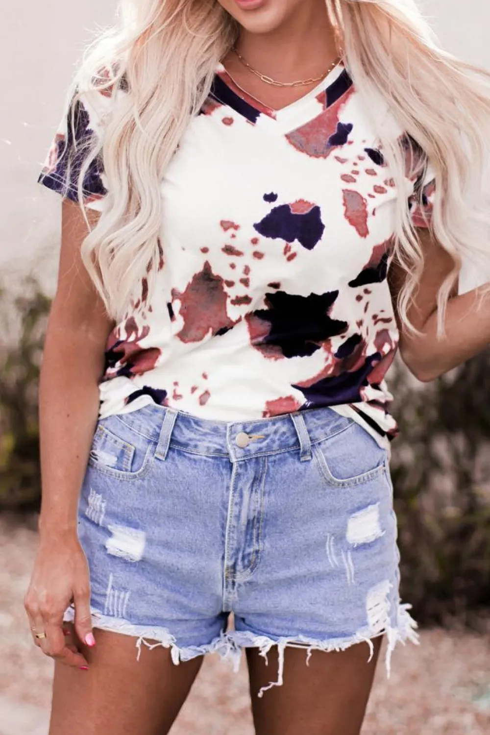 Outlet Dear-Lover Cow Pattern Print Short Sleeve V Neck T Shirt White