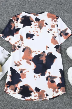 Outlet Dear-Lover Cow Pattern Print Short Sleeve V Neck T Shirt White