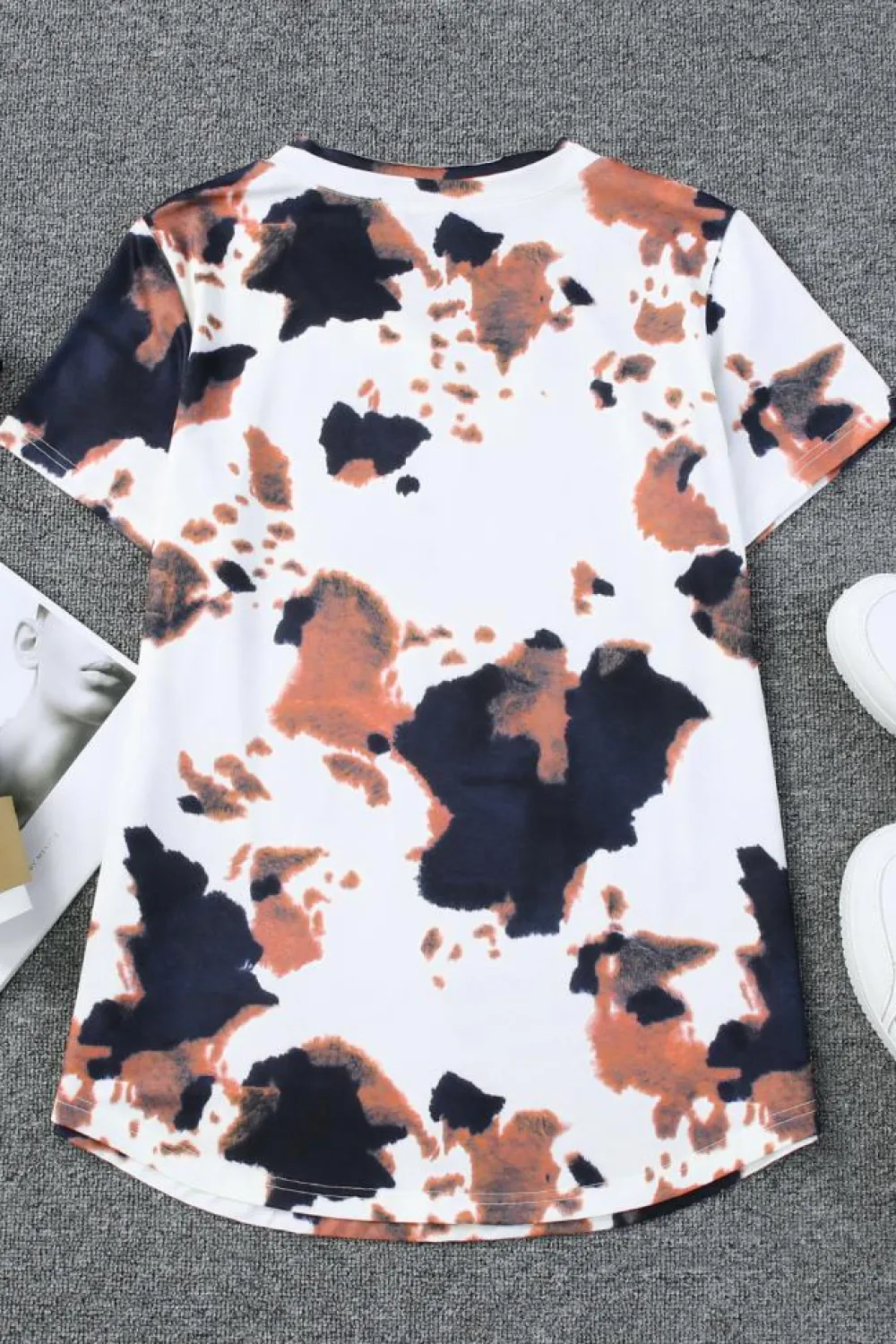 Outlet Dear-Lover Cow Pattern Print Short Sleeve V Neck T Shirt White
