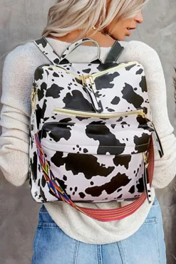 Best Dear-Lover Cow Print Multi Compartment PU Leather Backpack White