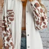 Fashion Dear-Lover Cow Spot Patchwork Flap Pocket Distressed Hem Long Denim Jacket White