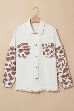 Fashion Dear-Lover Cow Spot Patchwork Flap Pocket Distressed Hem Long Denim Jacket White