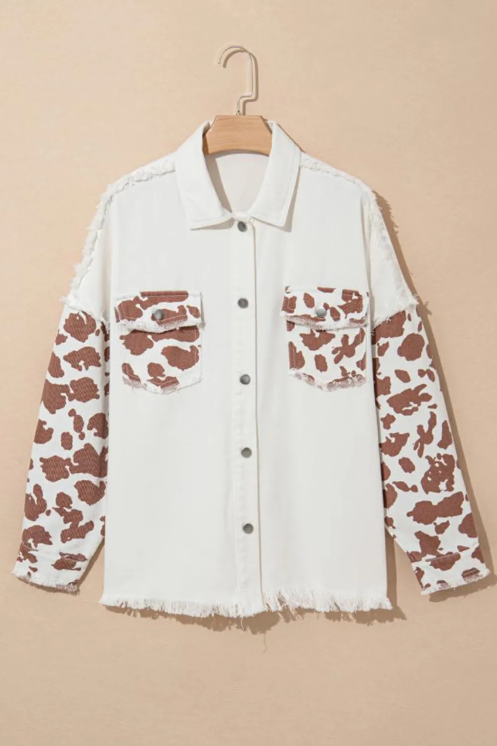 Fashion Dear-Lover Cow Spot Patchwork Flap Pocket Distressed Hem Long Denim Jacket White