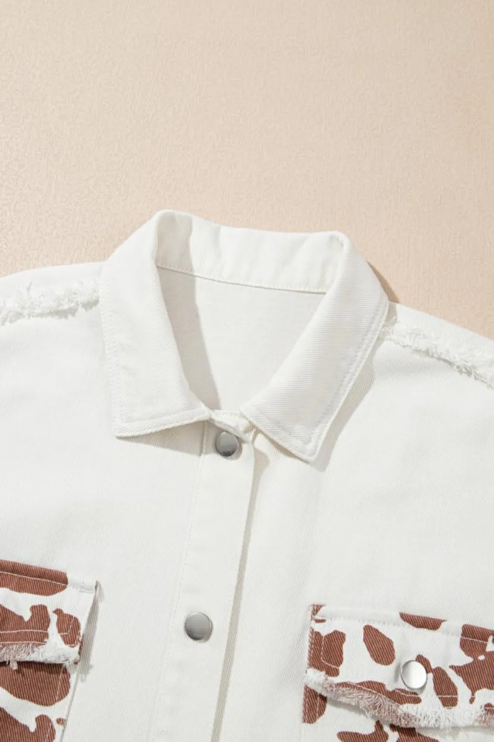 Fashion Dear-Lover Cow Spot Patchwork Flap Pocket Distressed Hem Long Denim Jacket White