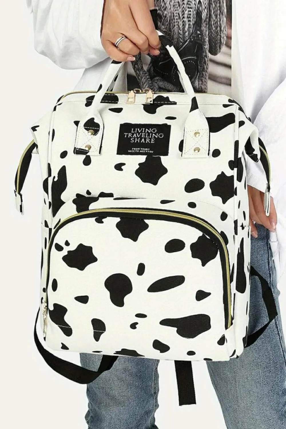 Sale Dear-Lover Cow Spot Print Multi Pocket Canvas Backpack White