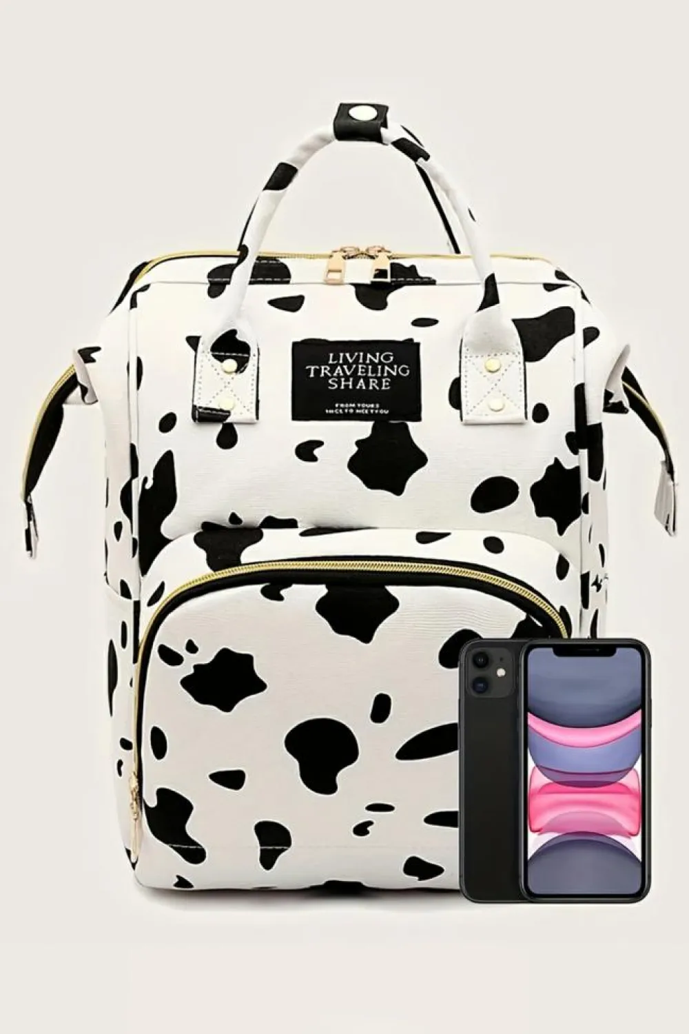 Sale Dear-Lover Cow Spot Print Multi Pocket Canvas Backpack White