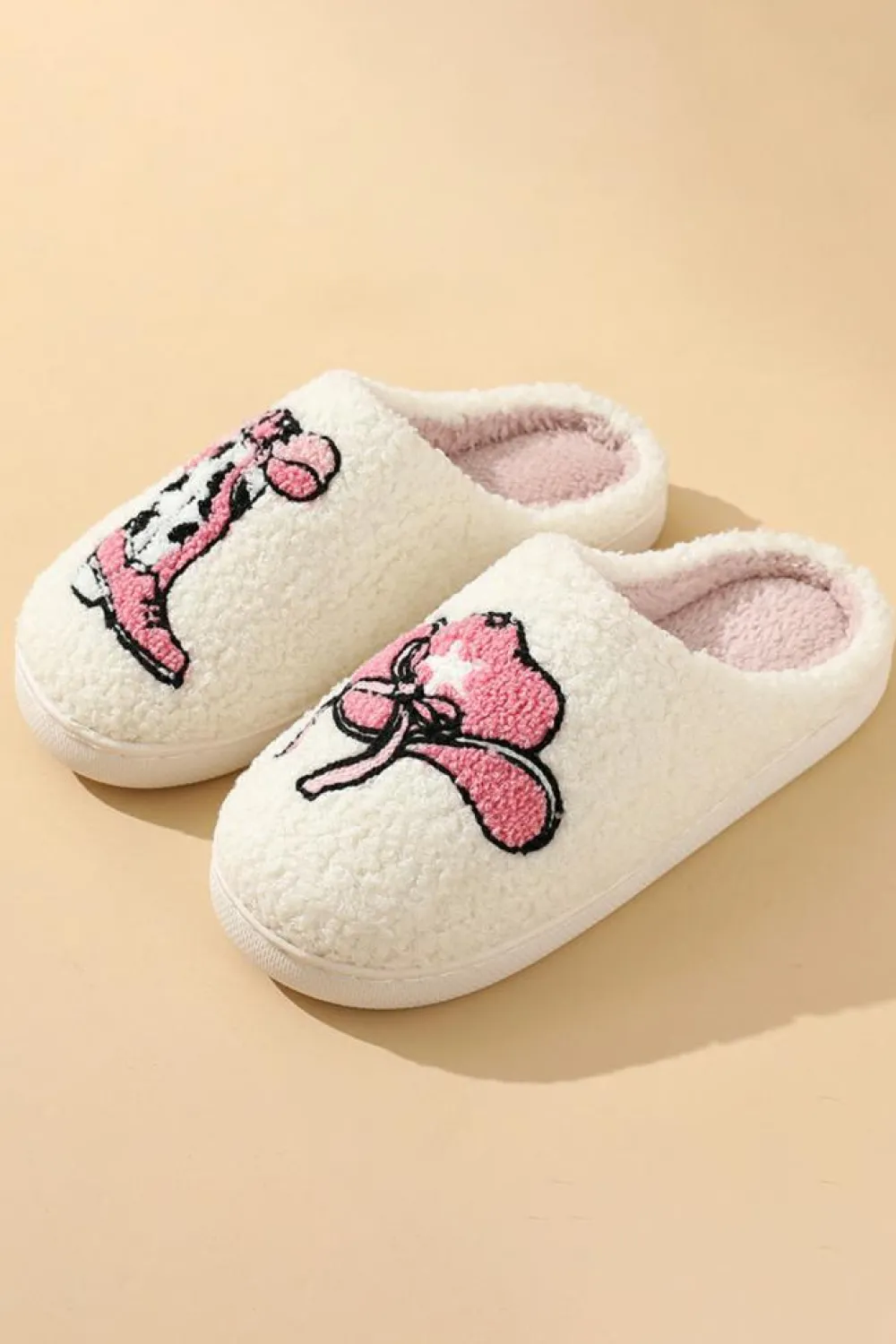 Best Dear-Lover Cowgirl Hat & Boot Printed Plush Thermal Home Slippers White