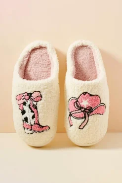 Best Dear-Lover Cowgirl Hat & Boot Printed Plush Thermal Home Slippers White