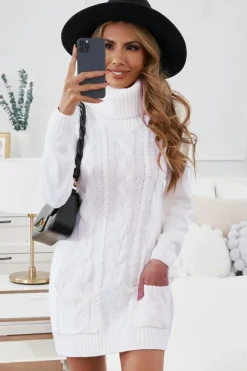 Online Dear-Lover Cowl Neck Cable Knit Sweater Dress White