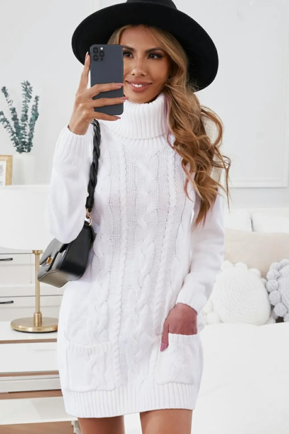 Online Dear-Lover Cowl Neck Cable Knit Sweater Dress White