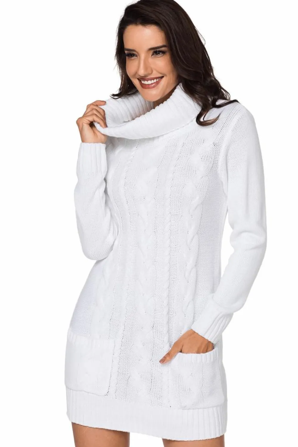 Online Dear-Lover Cowl Neck Cable Knit Sweater Dress White