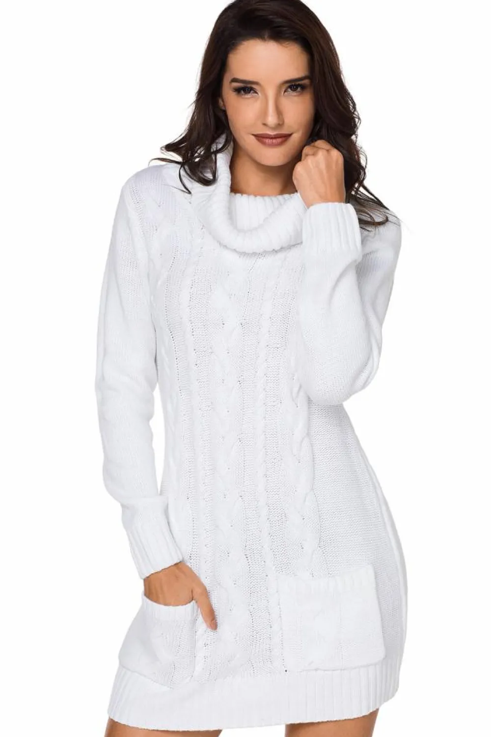 Online Dear-Lover Cowl Neck Cable Knit Sweater Dress White