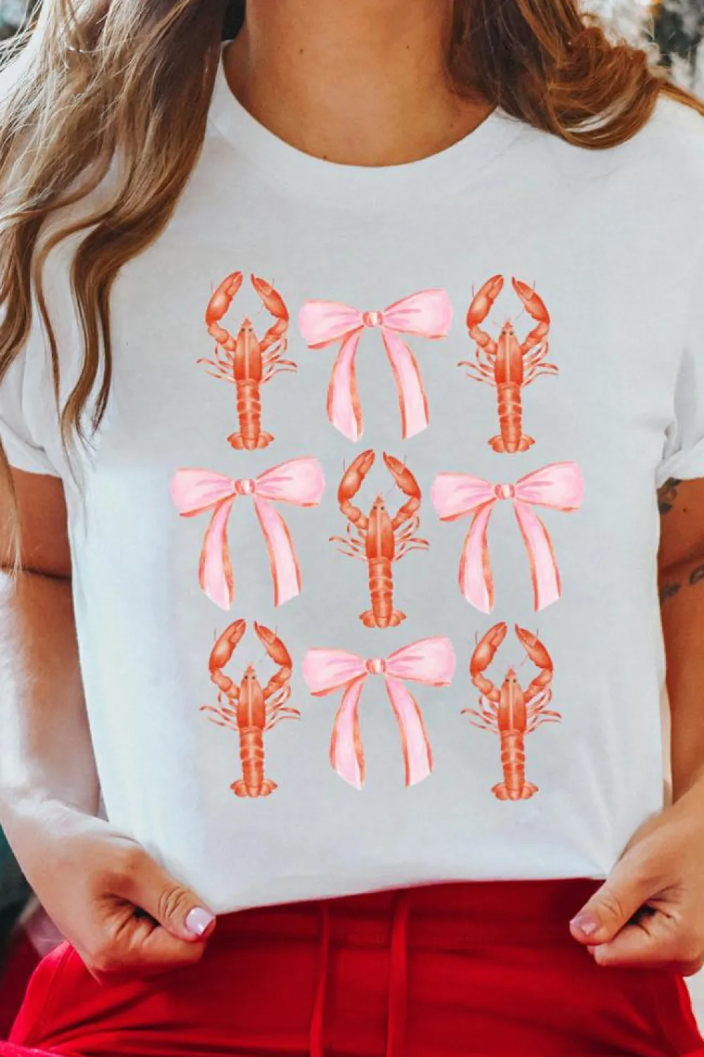 Fashion Dear-Lover Crawfish Bow Printed Summer T Shirt White