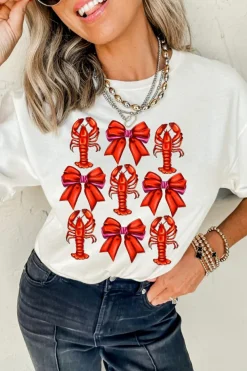 Outlet Dear-Lover Crawfish Bow Printed Casual T Shirt White