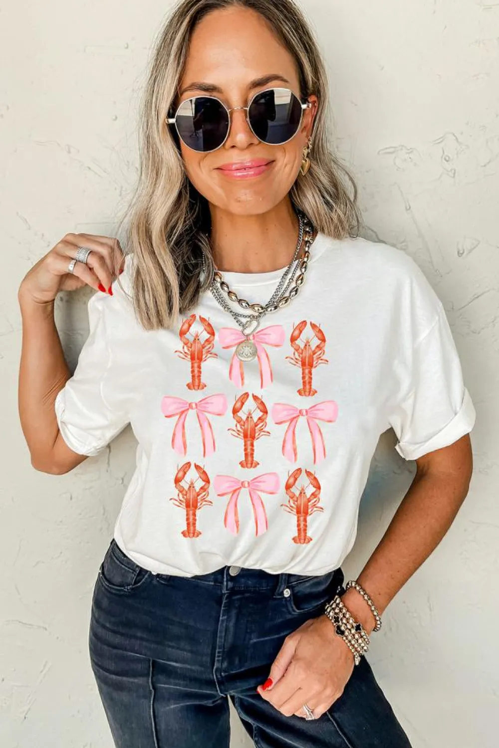 Fashion Dear-Lover Crawfish Bow Printed Summer T Shirt White