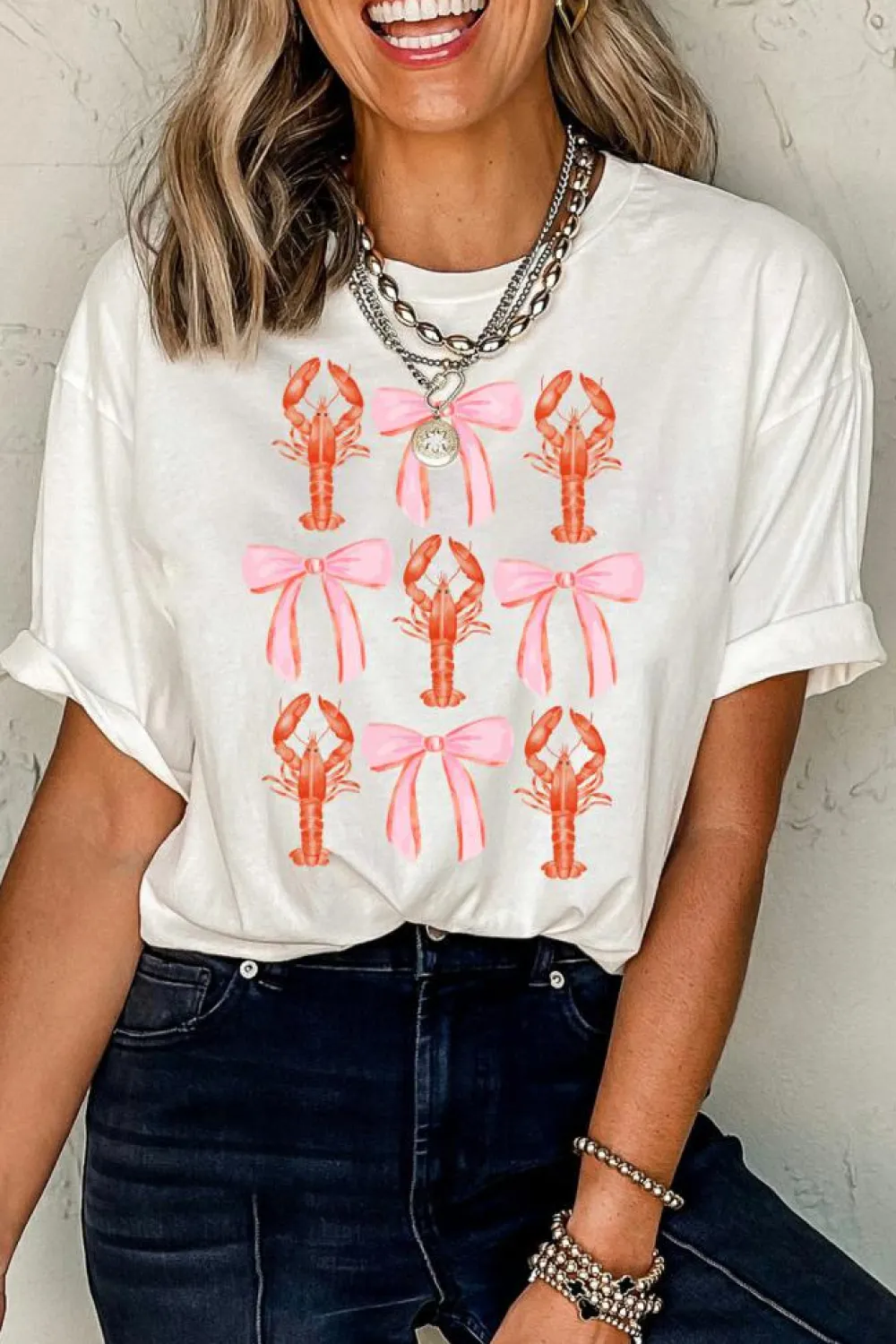 Fashion Dear-Lover Crawfish Bow Printed Summer T Shirt White