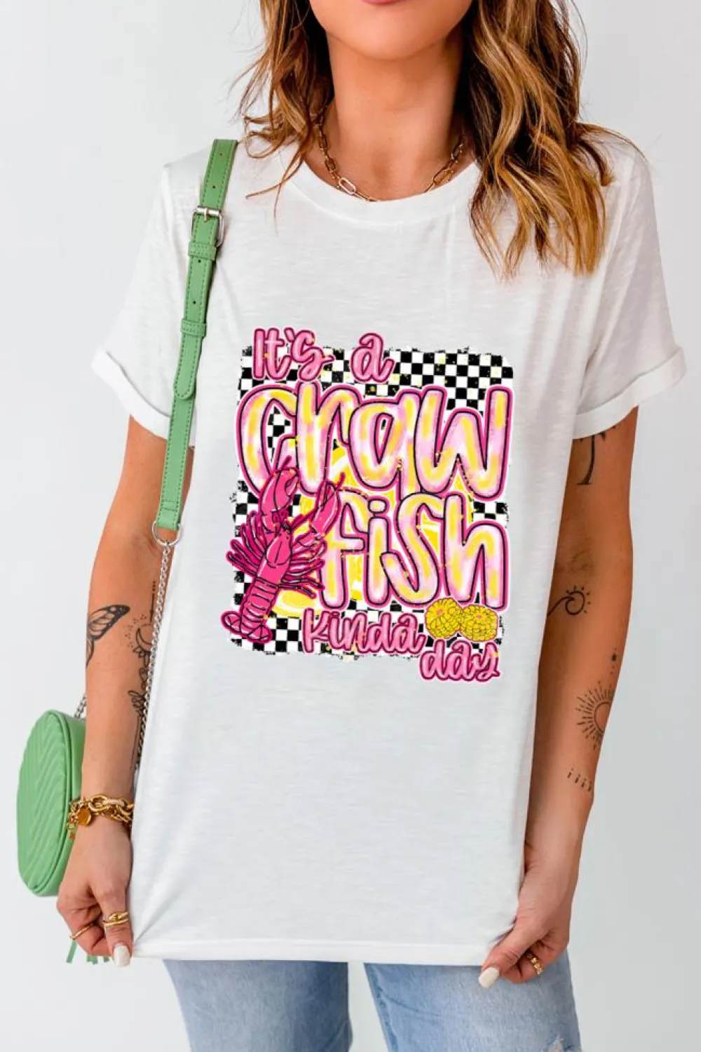 New Dear-Lover Crawfish Checkered Pattern Graphic Tee White