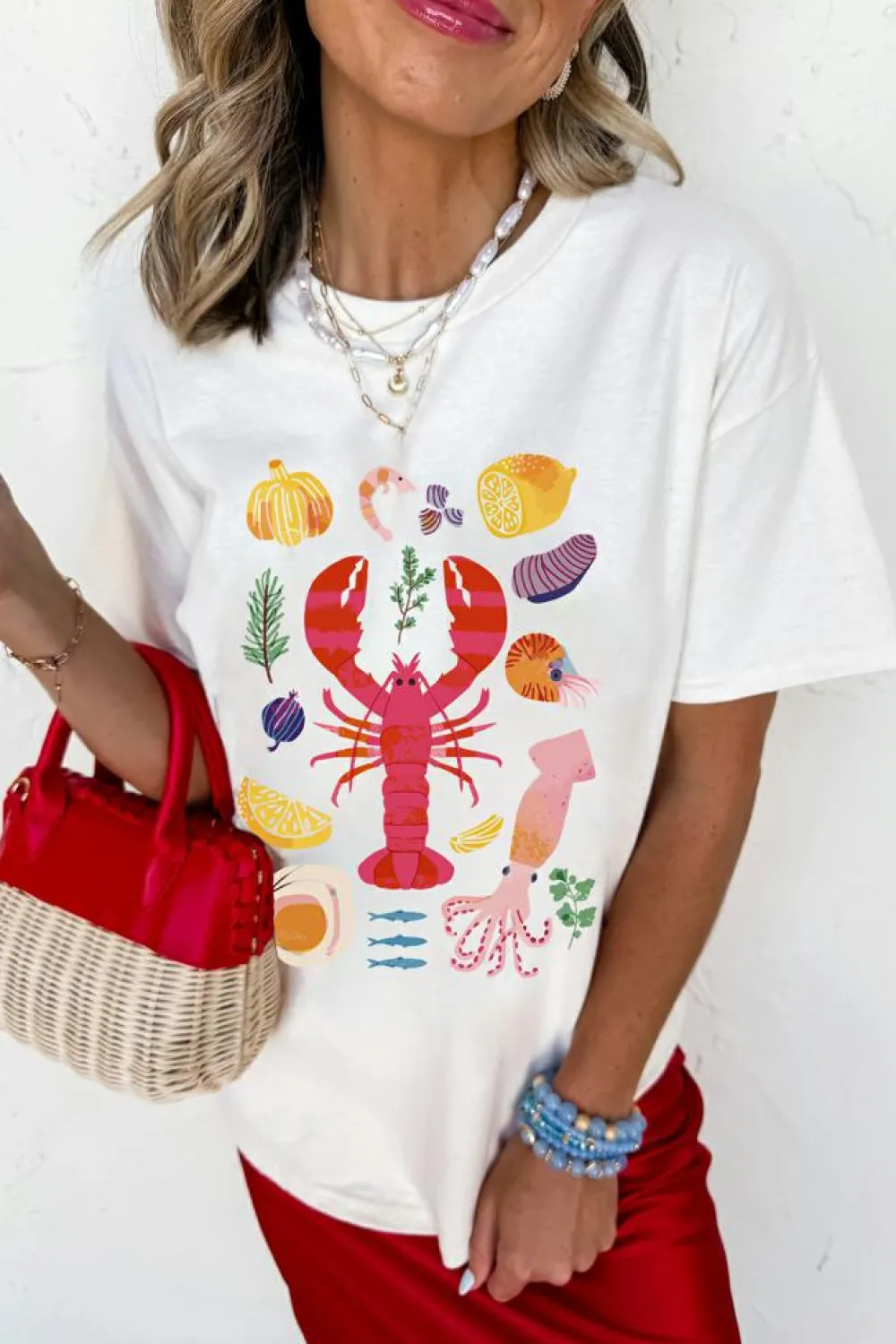 Online Dear-Lover Crawfish Food Ingredient Graphic Crewneck Tee White