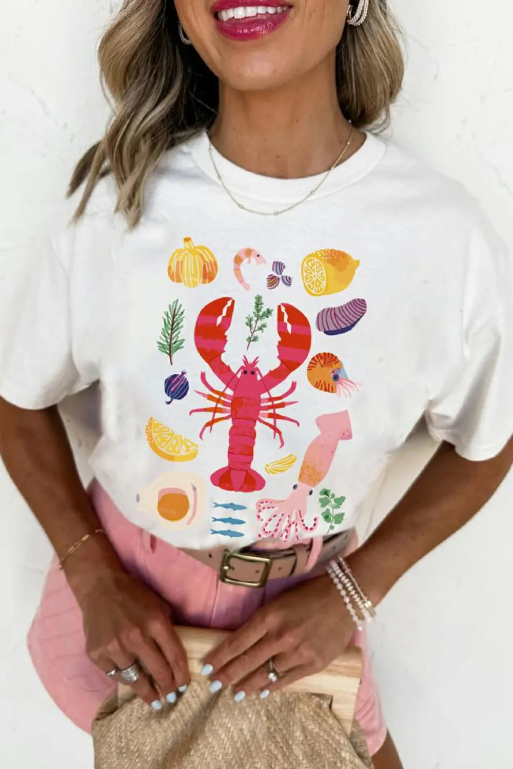 Online Dear-Lover Crawfish Food Ingredient Graphic Crewneck Tee White