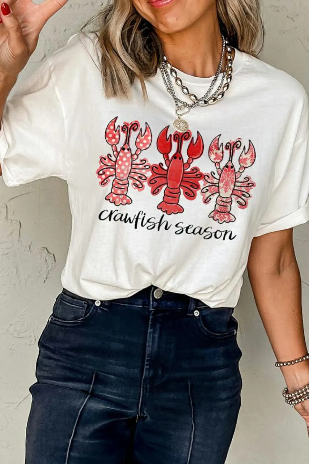New Dear-Lover Crawfish Season Fashion Graphic Crewneck T Shirt White