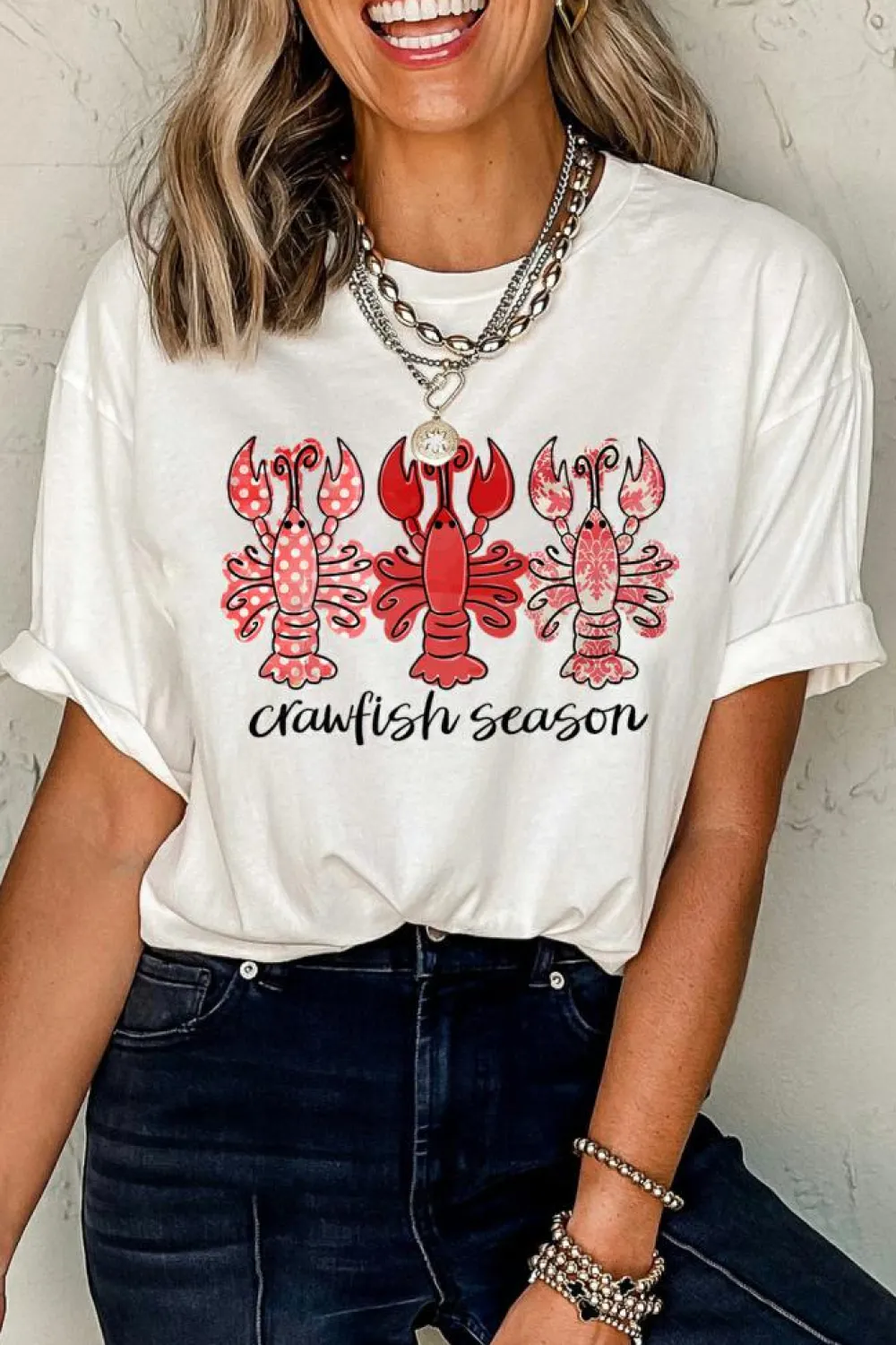 New Dear-Lover Crawfish Season Fashion Graphic Crewneck T Shirt White