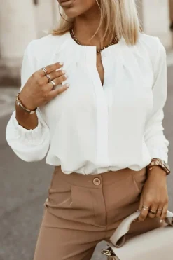 Hot Dear-Lover Crew Neck Gathered Stretch Cuff Shirt White