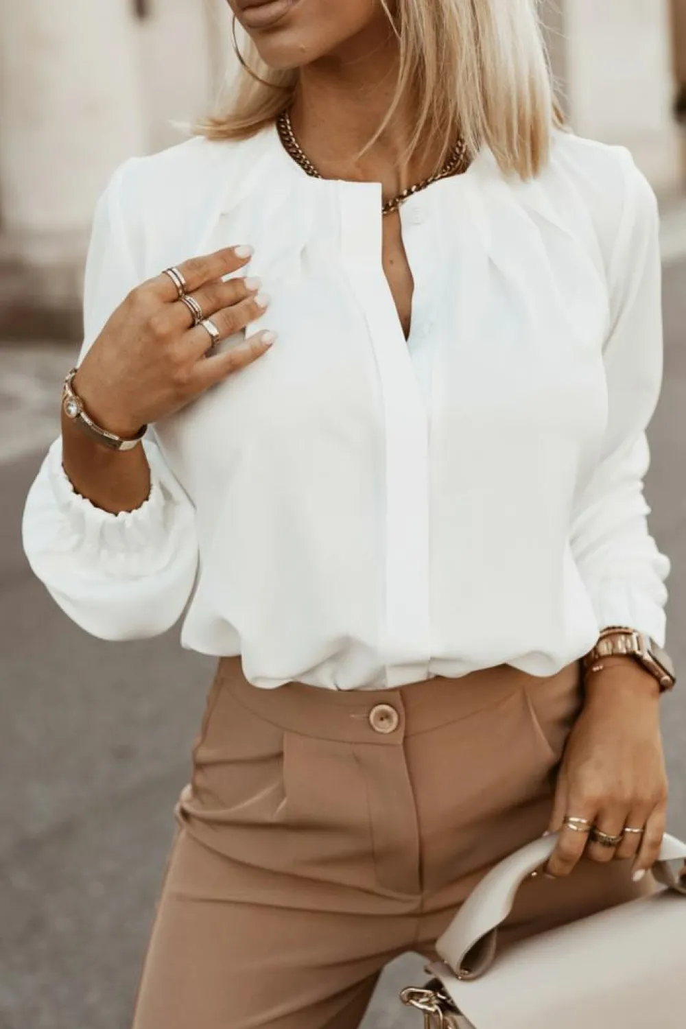 Hot Dear-Lover Crew Neck Gathered Stretch Cuff Shirt White