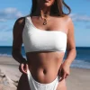 Sale Dear-Lover Crinkle Textured Asymmetric One Shoulder Bikini Swimsuit White