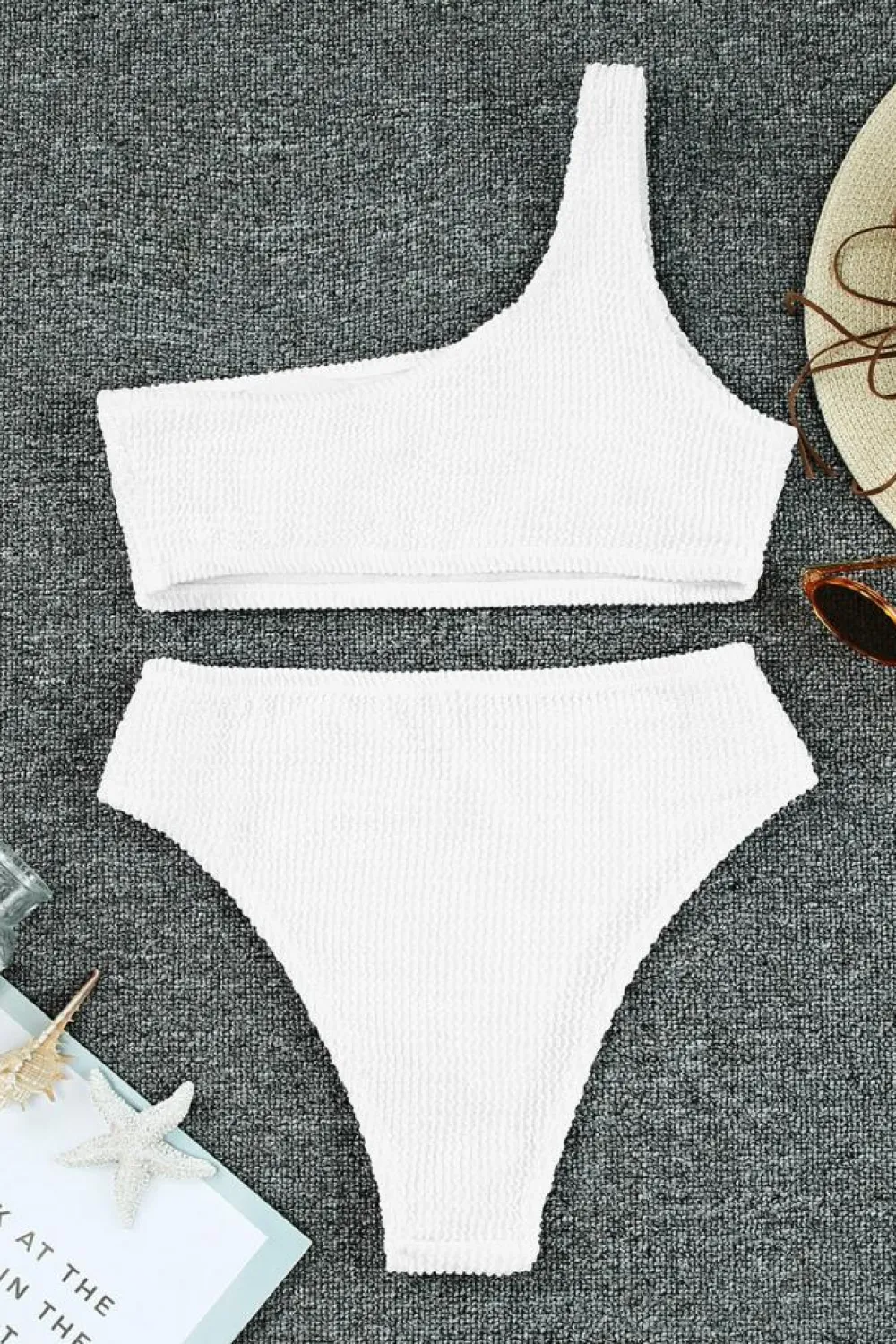 Sale Dear-Lover Crinkle Textured Asymmetric One Shoulder Bikini Swimsuit White