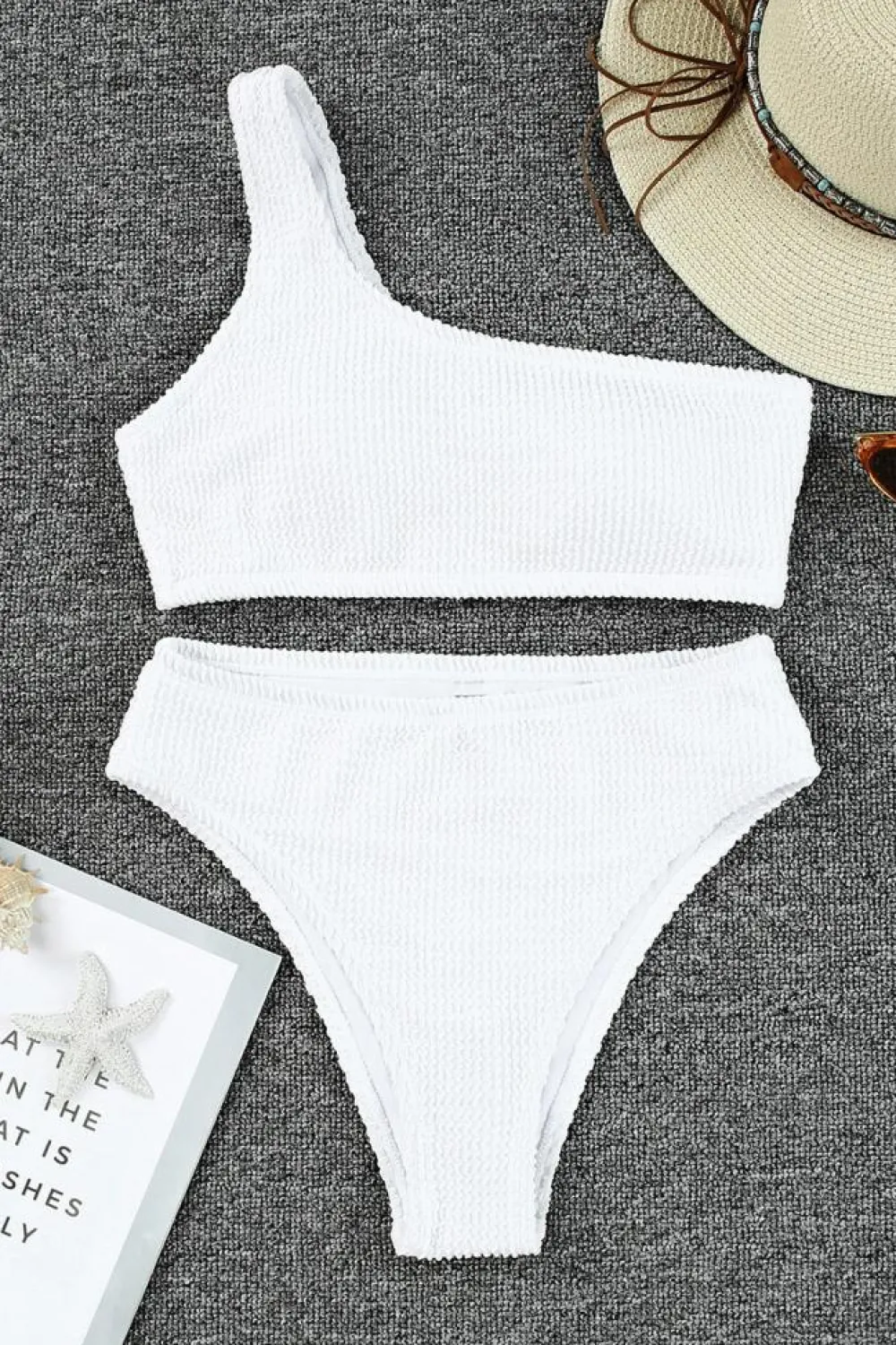 Sale Dear-Lover Crinkle Textured Asymmetric One Shoulder Bikini Swimsuit White