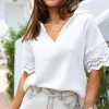 Hot Dear-Lover Crinkled Lace Splicing Sleeve Collared V Neck Blouse White
