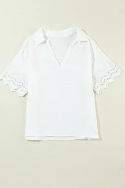 Hot Dear-Lover Crinkled Lace Splicing Sleeve Collared V Neck Blouse White