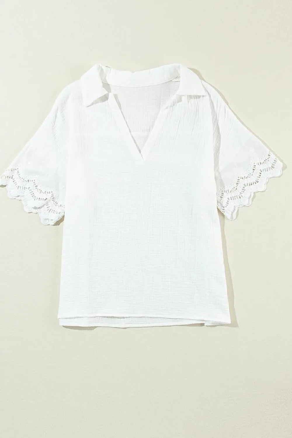 Hot Dear-Lover Crinkled Lace Splicing Sleeve Collared V Neck Blouse White