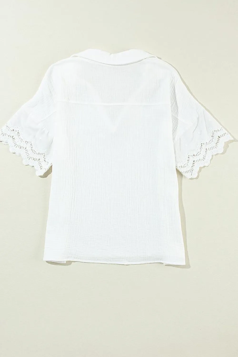 Hot Dear-Lover Crinkled Lace Splicing Sleeve Collared V Neck Blouse White