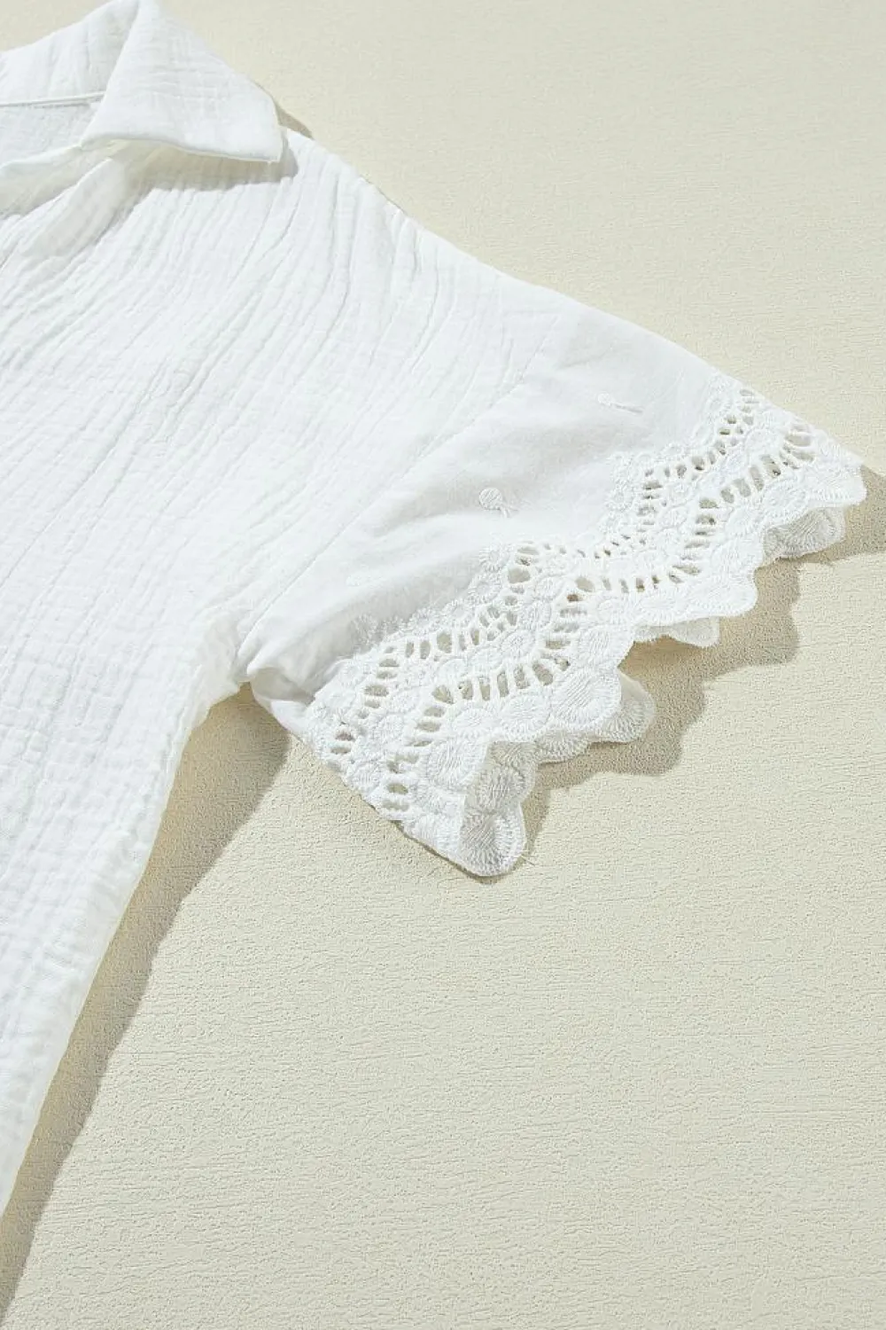 Hot Dear-Lover Crinkled Lace Splicing Sleeve Collared V Neck Blouse White