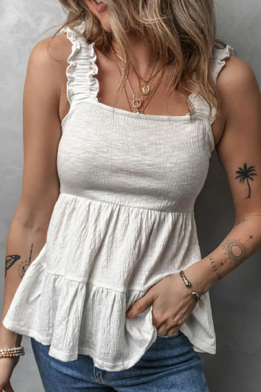 Fashion Dear-Lover Crinkled Ruffled Straps Peplum Babydoll Tank Top White