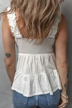 Fashion Dear-Lover Crinkled Ruffled Straps Peplum Babydoll Tank Top White