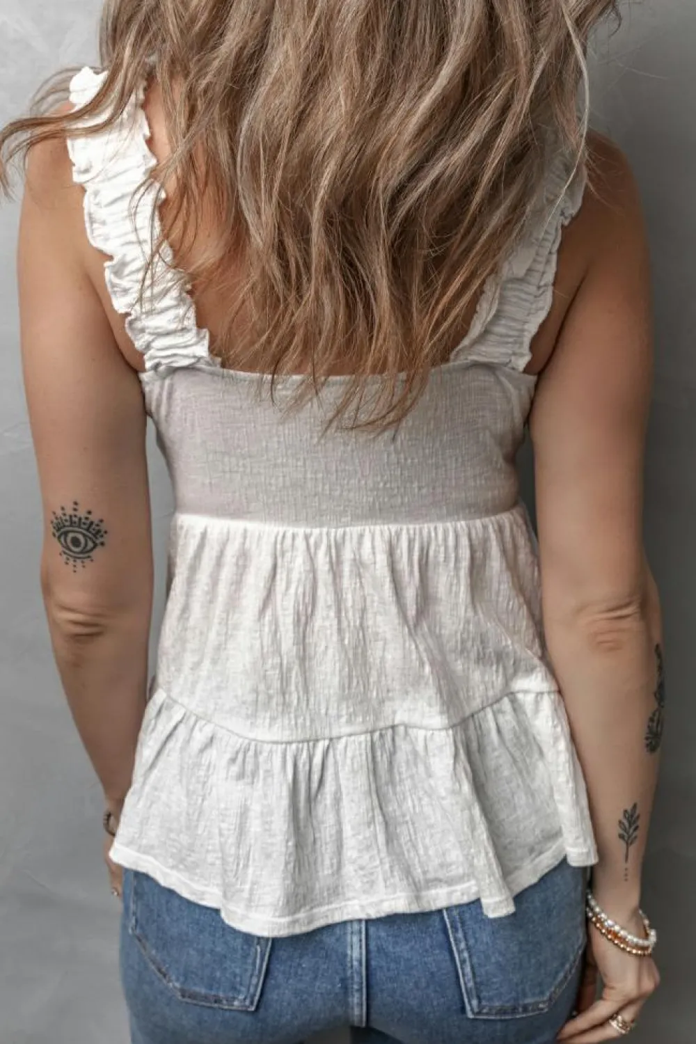 Fashion Dear-Lover Crinkled Ruffled Straps Peplum Babydoll Tank Top White
