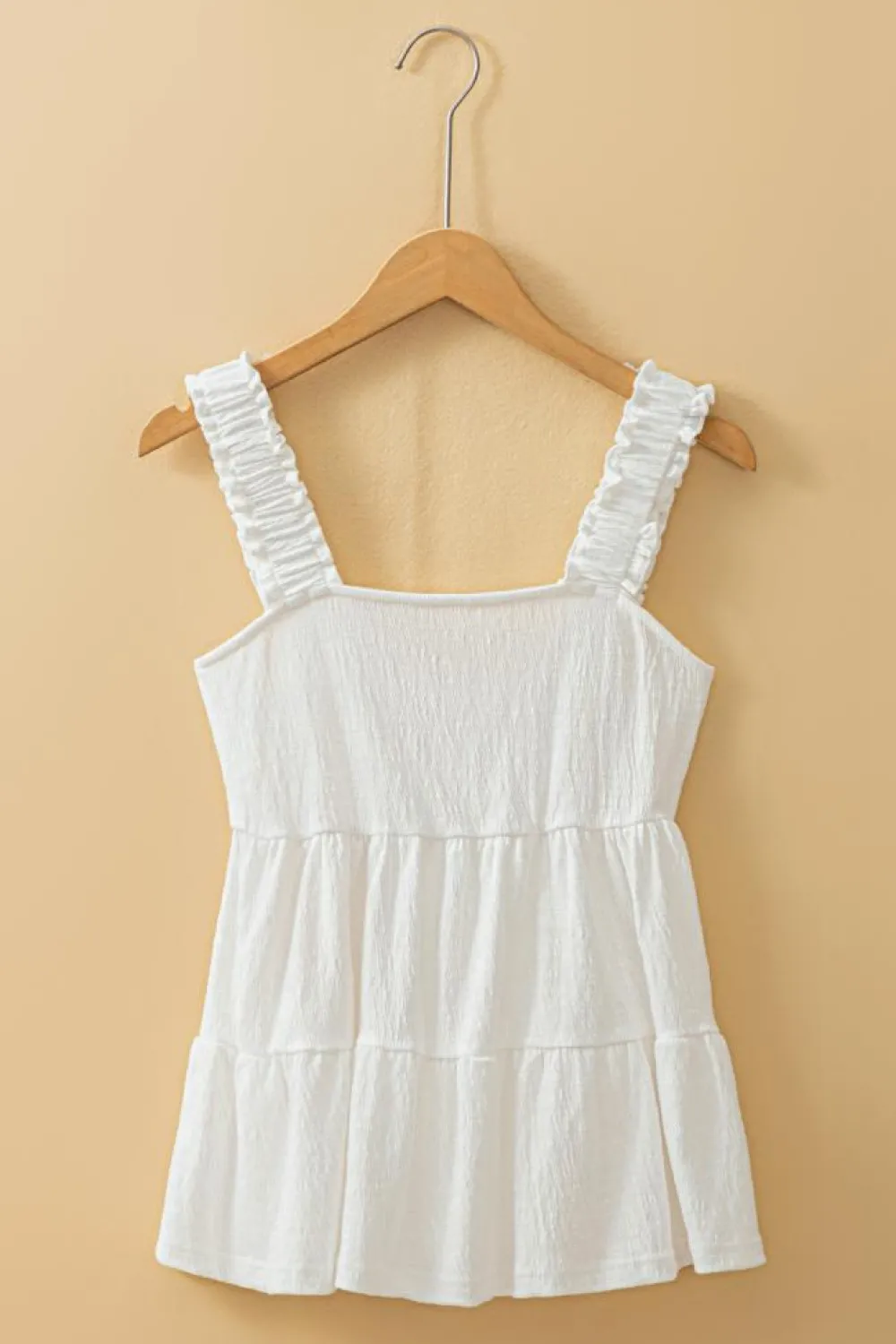Fashion Dear-Lover Crinkled Ruffled Straps Peplum Babydoll Tank Top White