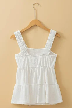 Fashion Dear-Lover Crinkled Ruffled Straps Peplum Babydoll Tank Top White
